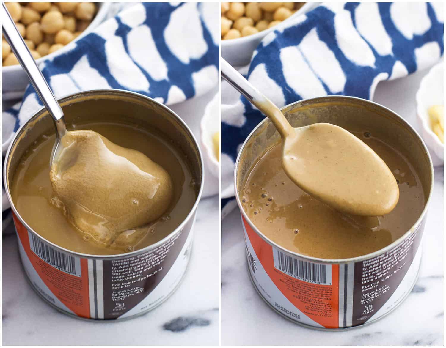 A side-by-side image of a jar of tahini. The one on the left is unstirred and the one on the right is well-stirred and smooth.