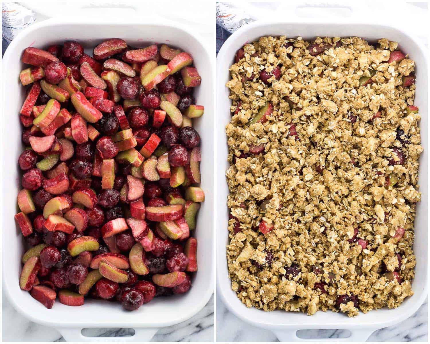 A side-by-side picture of cherries and rhubarb in a baking dish and then the fruit covered with oatmeal crisp topping pre-bake.