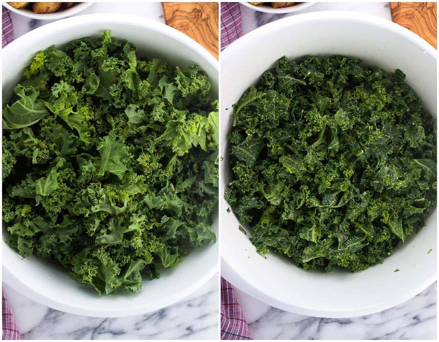 An overhead side-by-side shot of kale leaves in a large mixing bowl on the left, and kale after being massaged and reduced in size on the right.