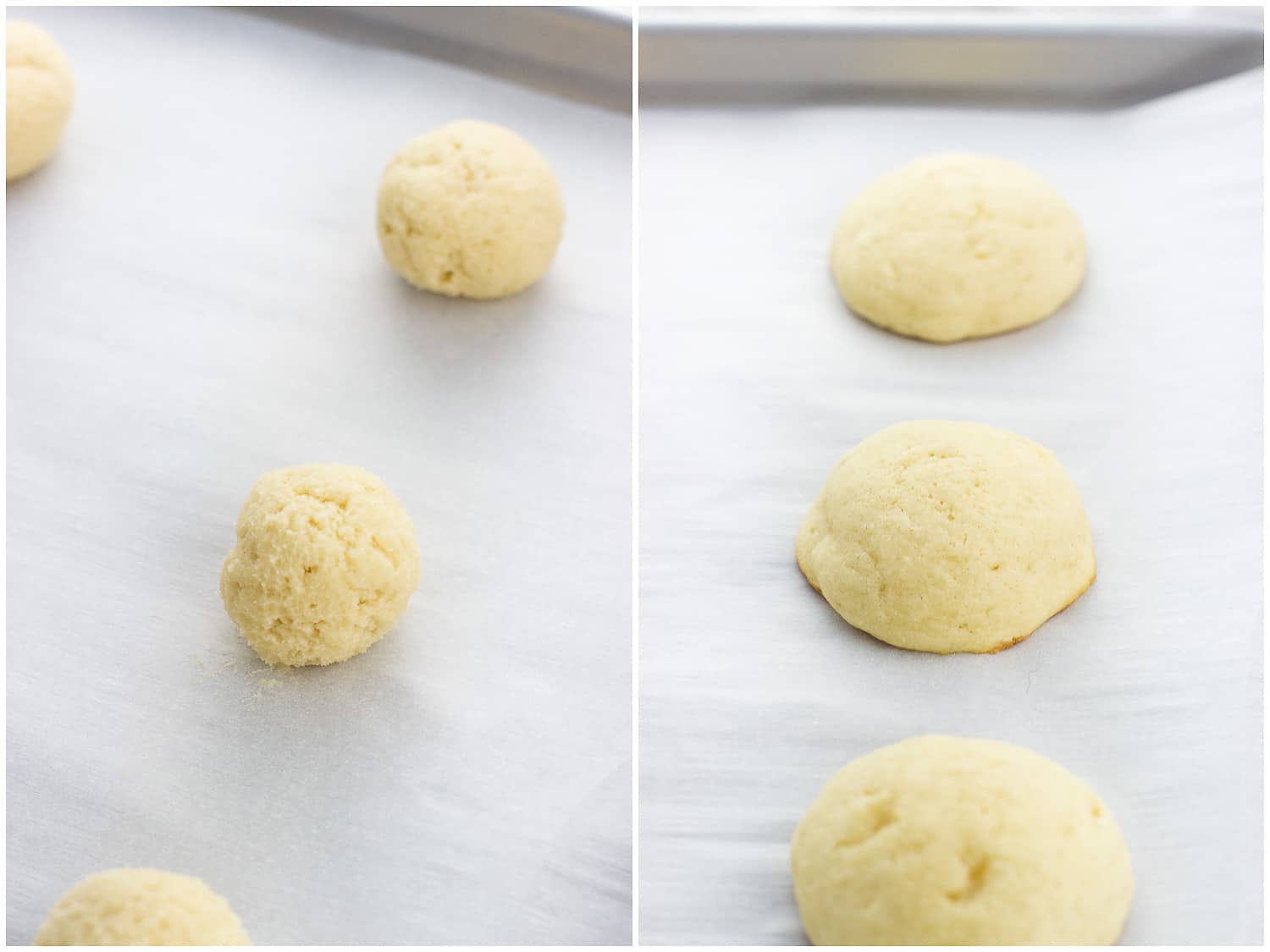 A side-by-side photo collage of unbaked ricotta cookie dough on a baking sheet (left) and baked cookies on a baking sheet (right).