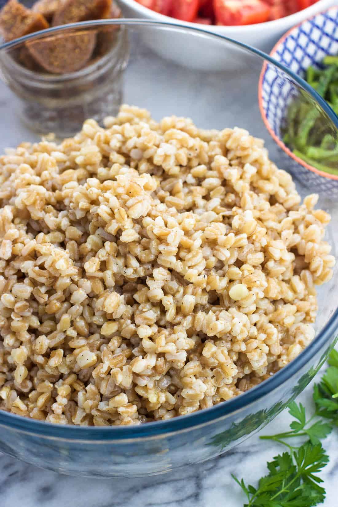 Cooked farro in a serving bowl.