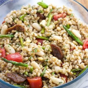 Assembled farro salad in a serving bowl