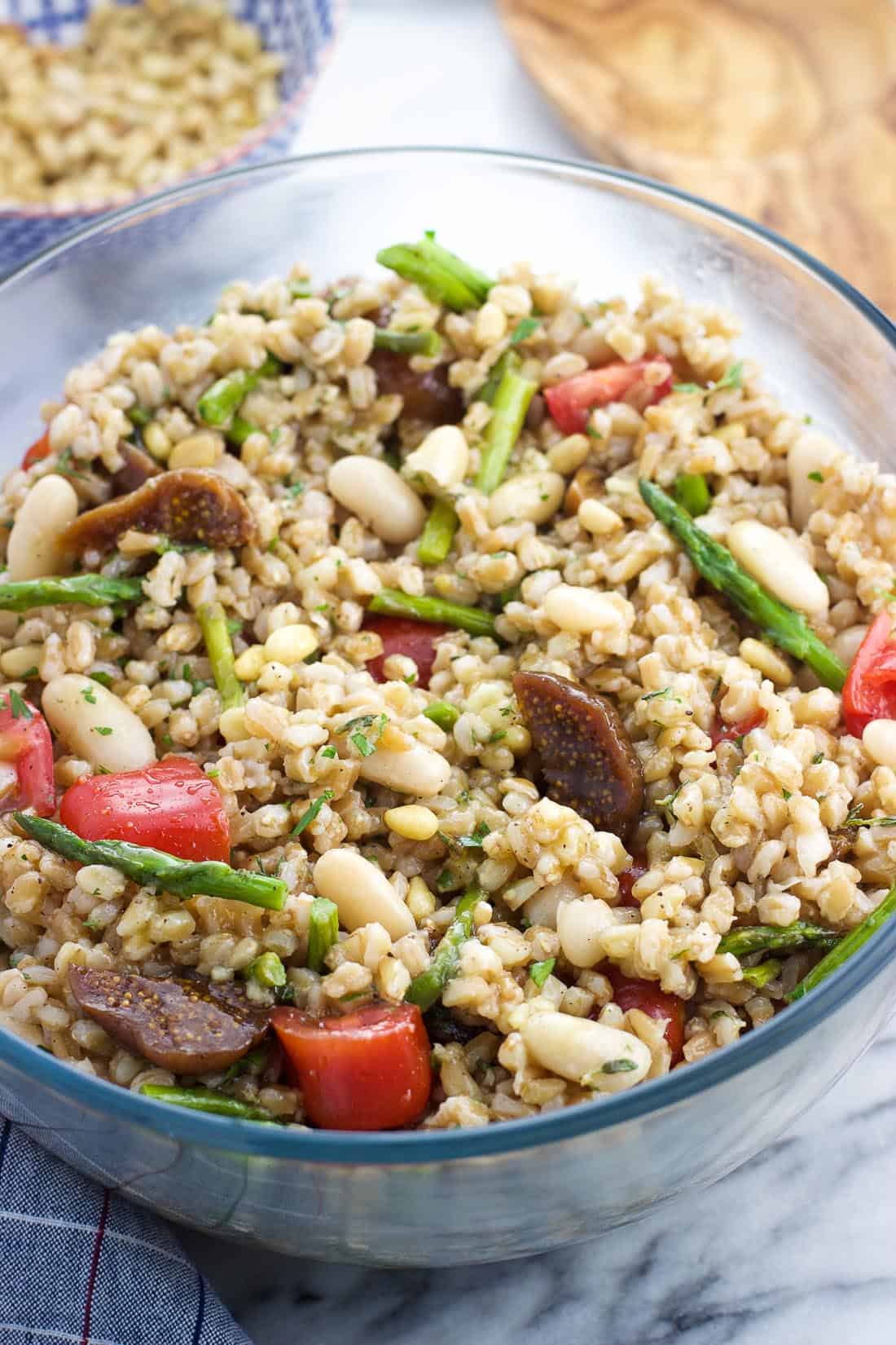 Assembled farro salad in a serving bowl.