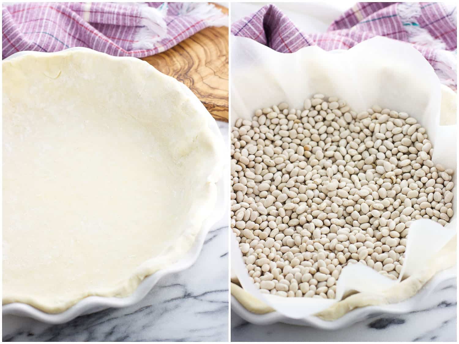 Raw pie crust pressed in a dish (left) and then filled with parchment and beans as pie weights (right).