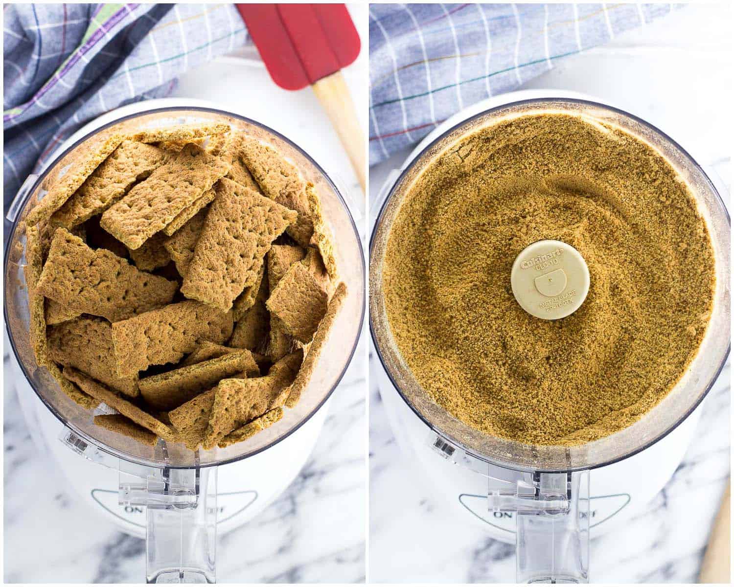 A side-by-side picture of graham cracker sheets in the food processor (left) and pulsed into crumbs (right)