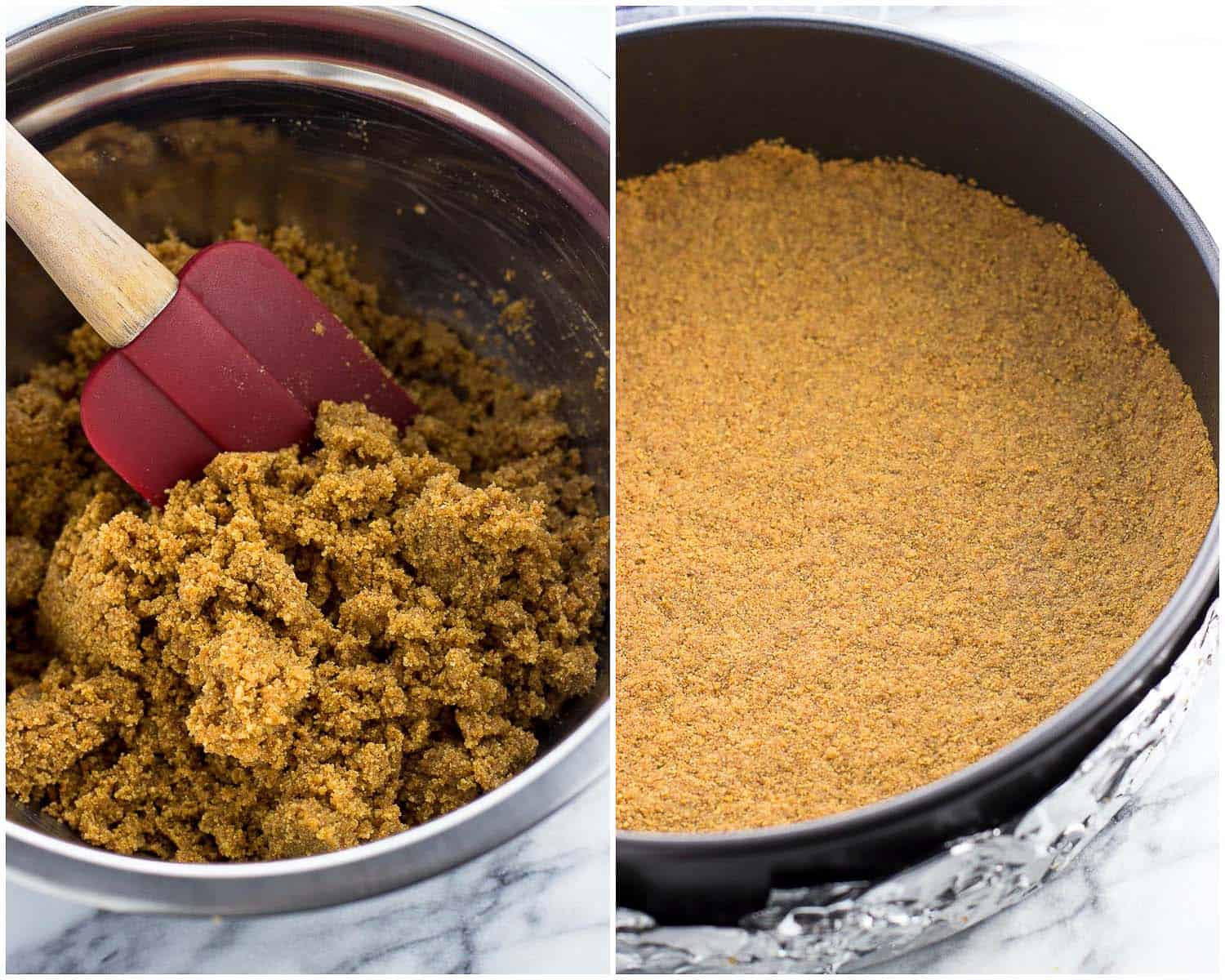 A side-by-side photo of cheesecake crust ingredients mixed together (left) and the crust ingredients pressed into the springform pan (right)