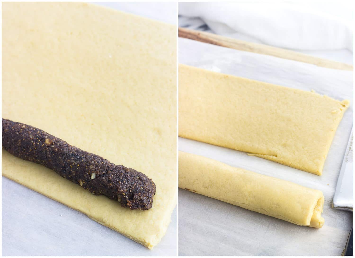 A side-by-side photo of (left) the filling arranged on the dough, and (right) the dough rolled around the filling, ready to be sliced into cookies