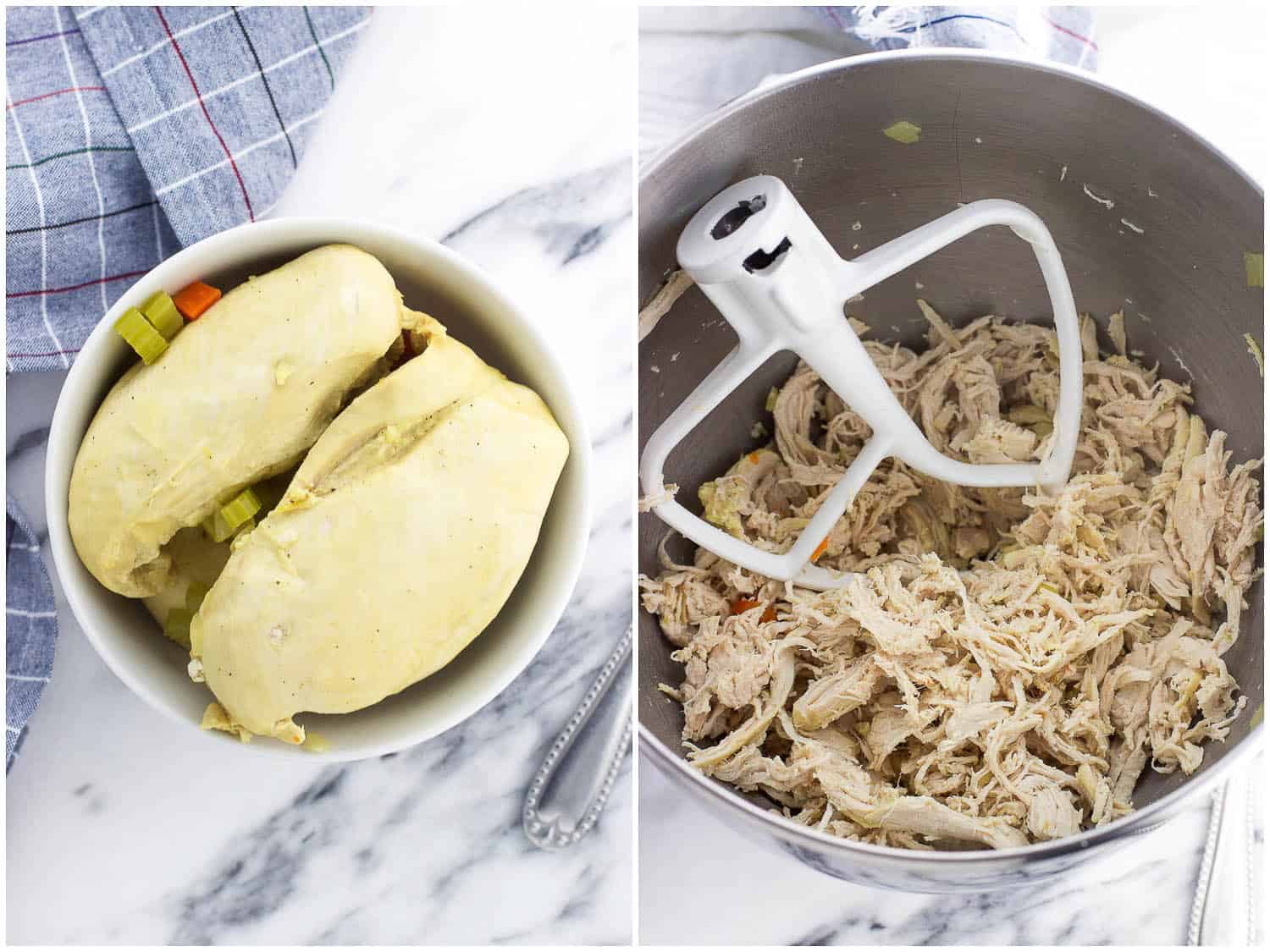 Cooked chicken breasts in a bowl (left) and shredded chicken in a stand mixer bowl with a paddle attachment (right).