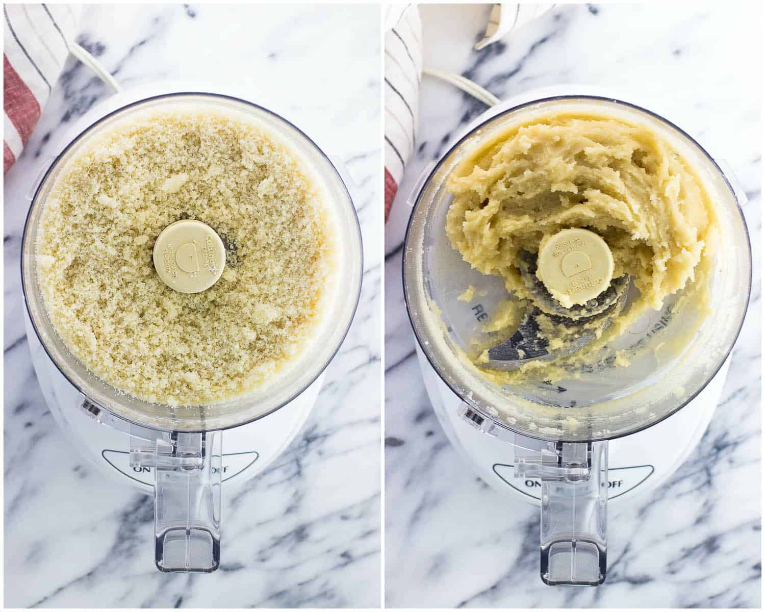 A side-by-side photo of the dry ingredients combined in the food processor, and a picture of all of the dough ingredients formed into a ball
