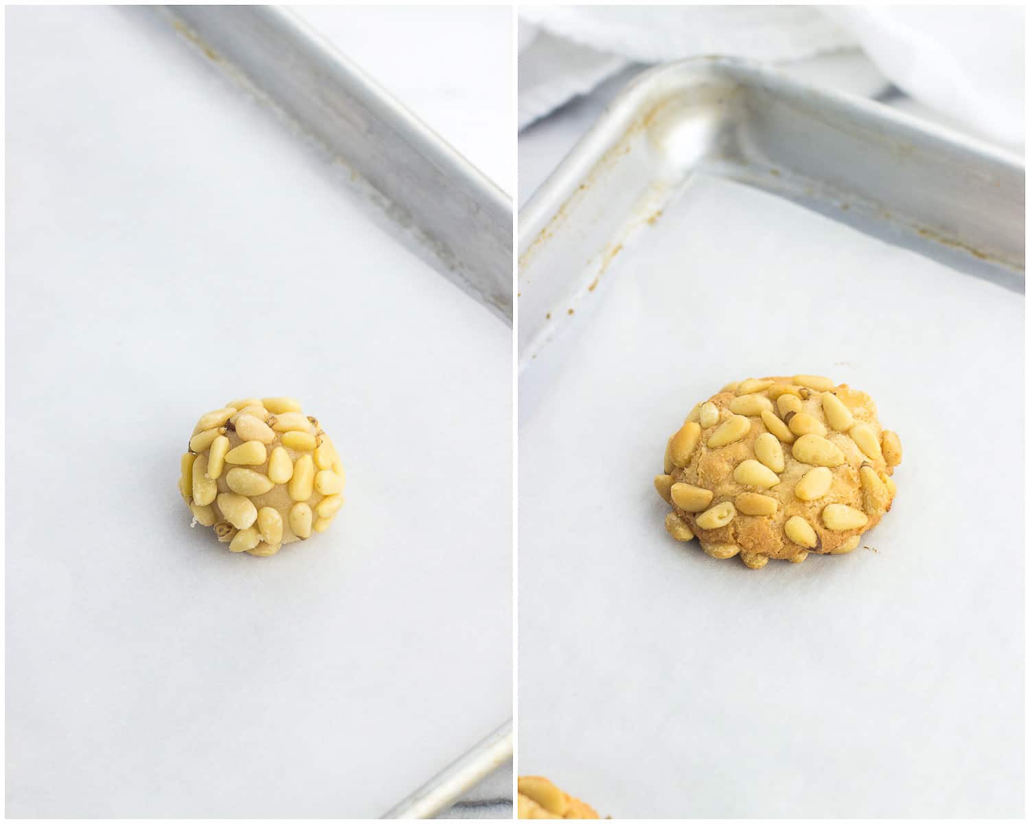 A picture of an unbaked pignoli cookie on a parchment-lined baking sheet next to a photo of a baked pignoli cookie on a baking sheet