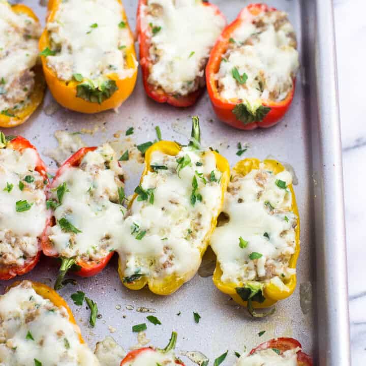 Sausage stuffed mini peppers after being baked