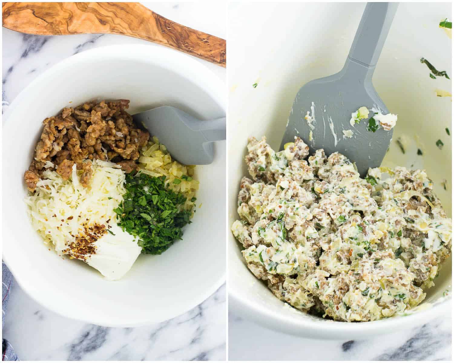 A side-by-side picture of the filling ingredients added to a bowl (left) and then mixed all together (right).