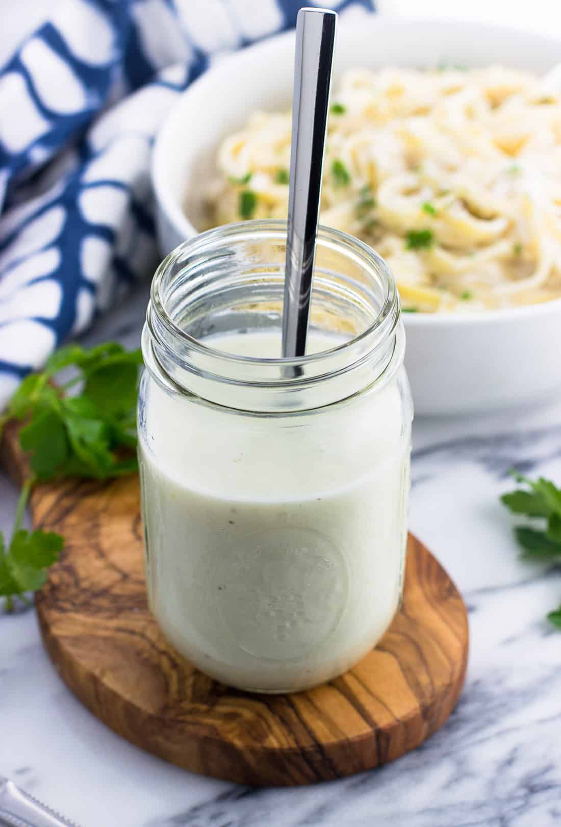 A jar of healthy alfredo sauce.