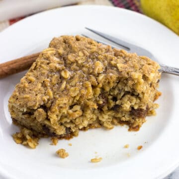 A piece of peanut butter baked oatmeal on a small plate