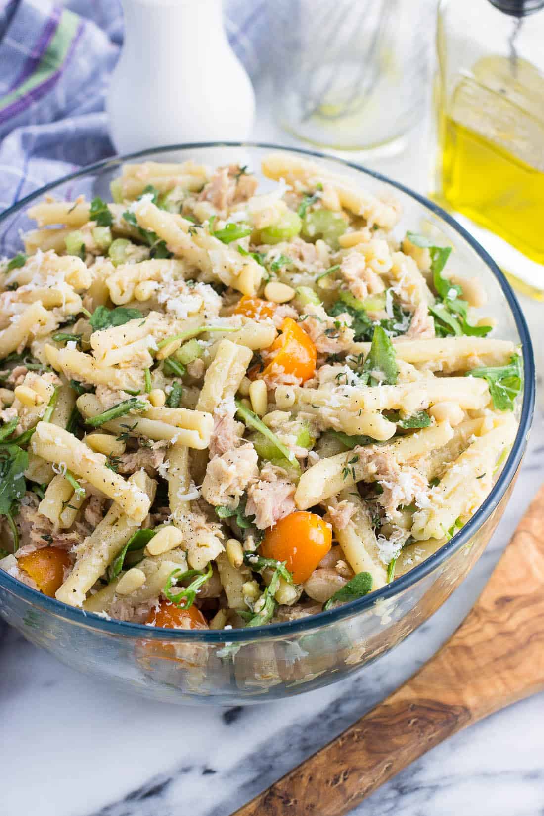 Tuna pasta salad in a serving bowl.