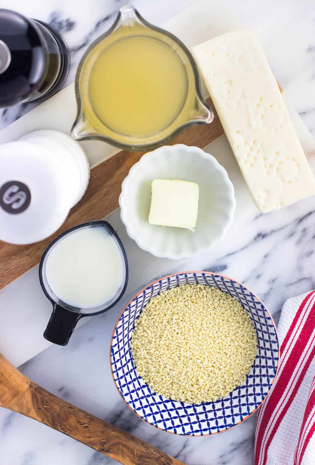 An overhead picture of Italian pastina ingredients in separate bowls