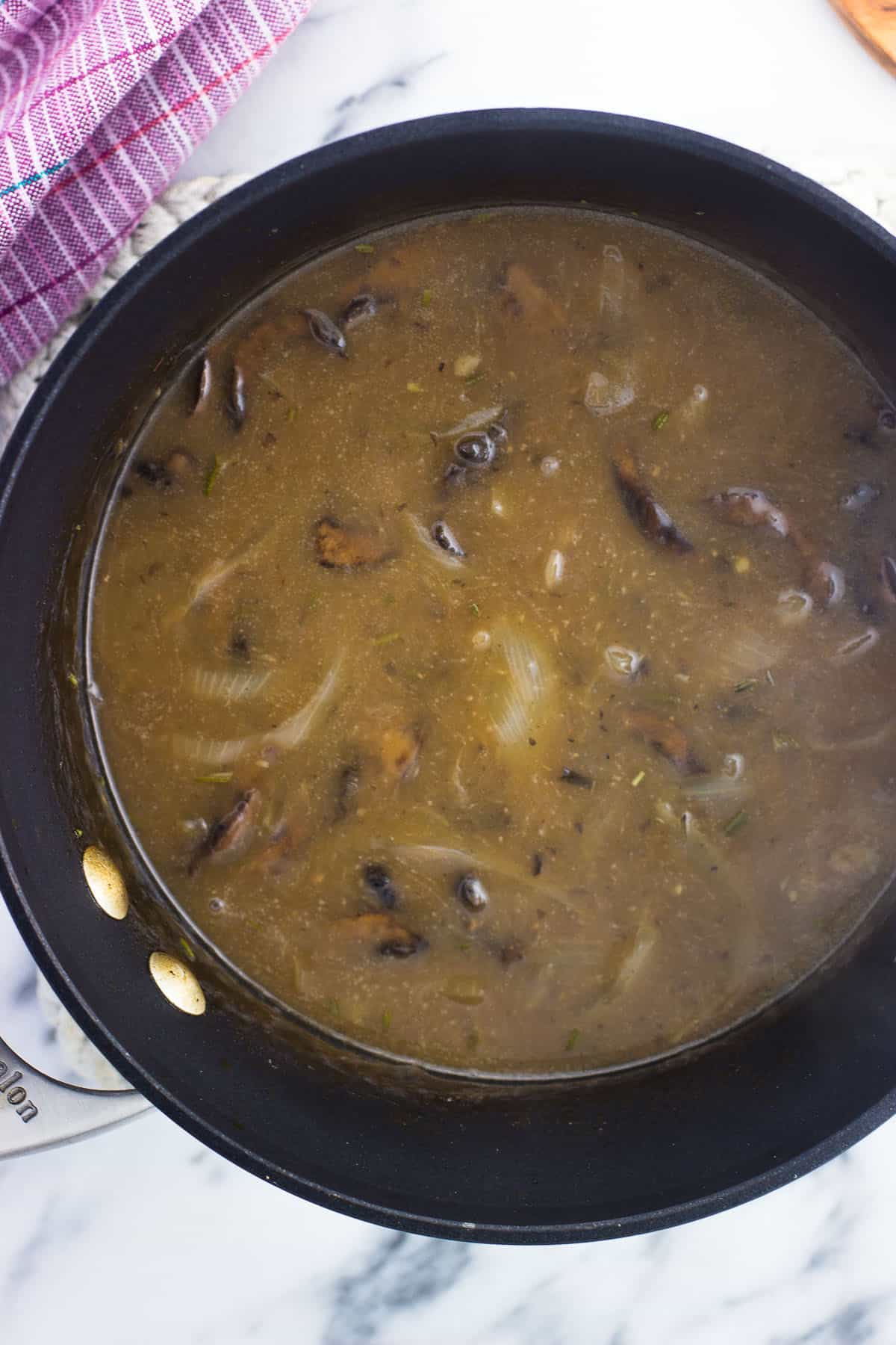 The balsamic mushroom sauce in a pan after being thickened.