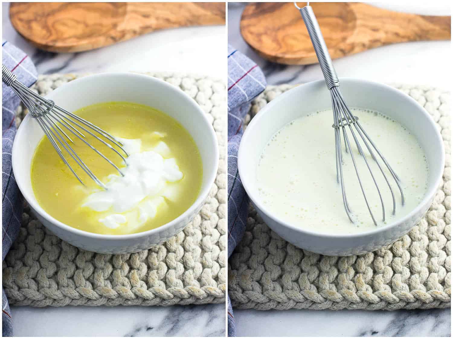 A side-by-side image collage of yogurt added to a bowl of broth and the yogurt fully whisked into the bowl of broth