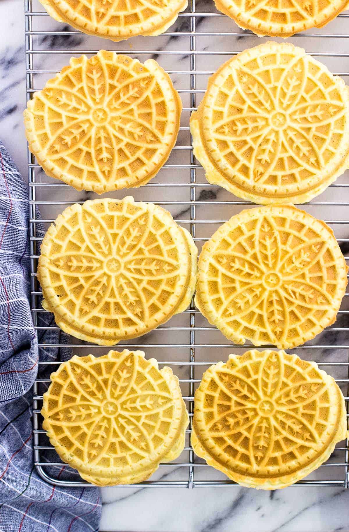 Pizzelle cooling on a wire rack