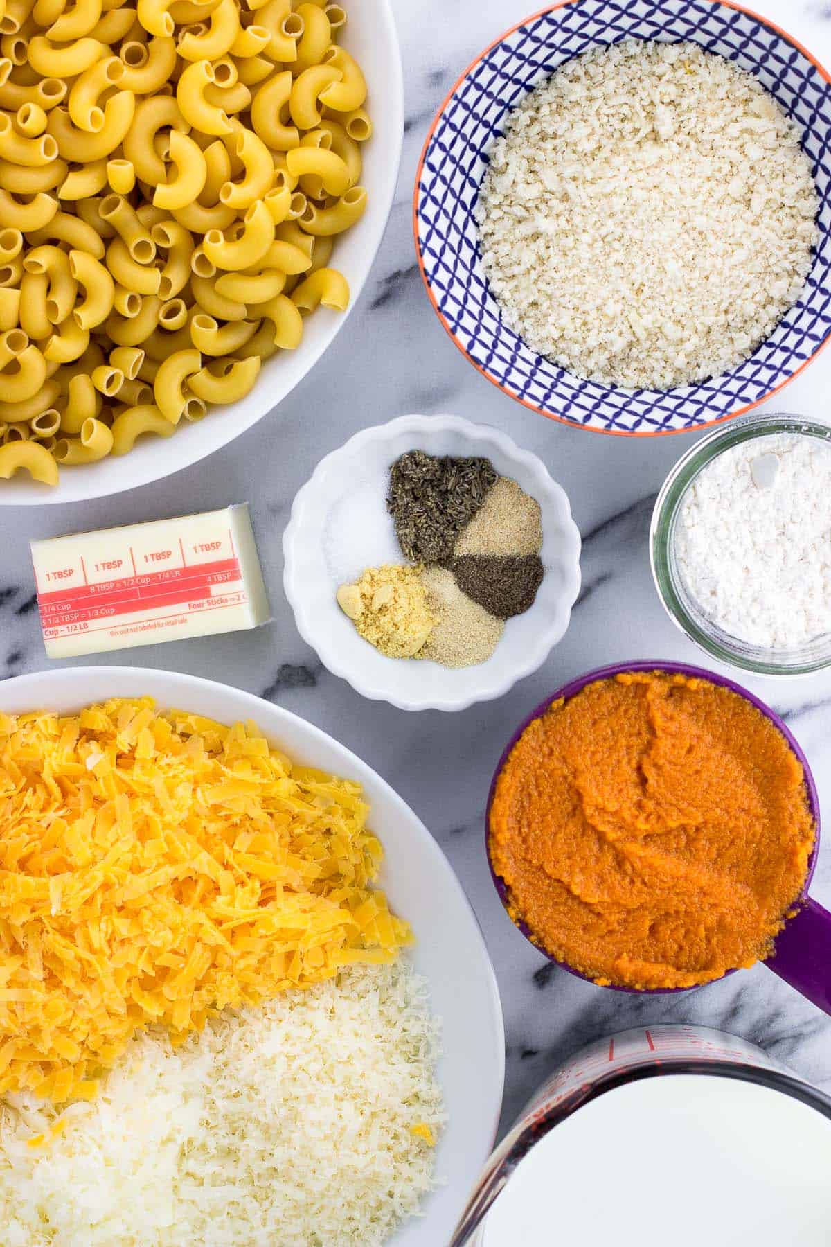 All of the recipe ingredients in separate bowls and containers