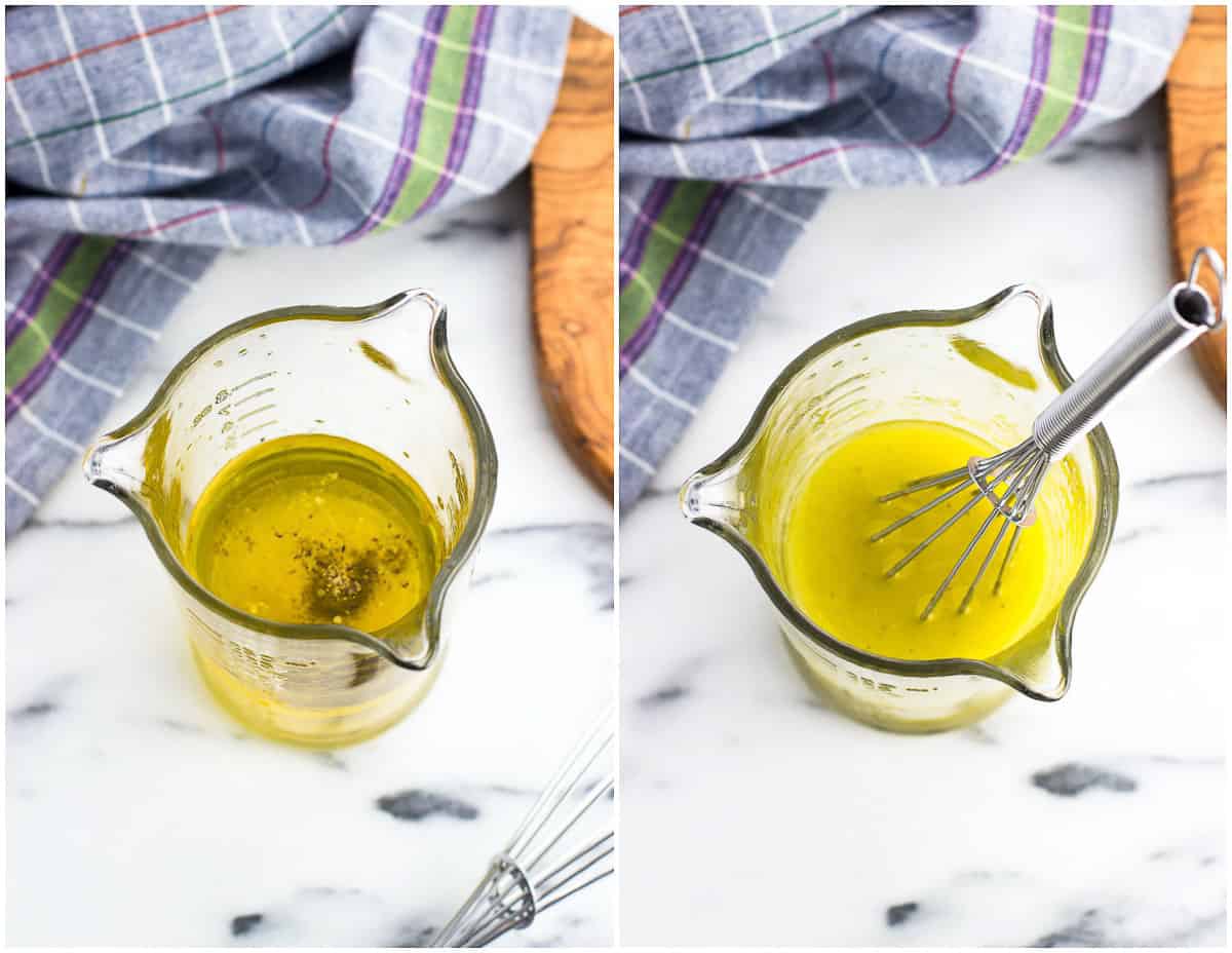 Dressing ingredients in a glass measuring cup before being whisked (left) and after (right).