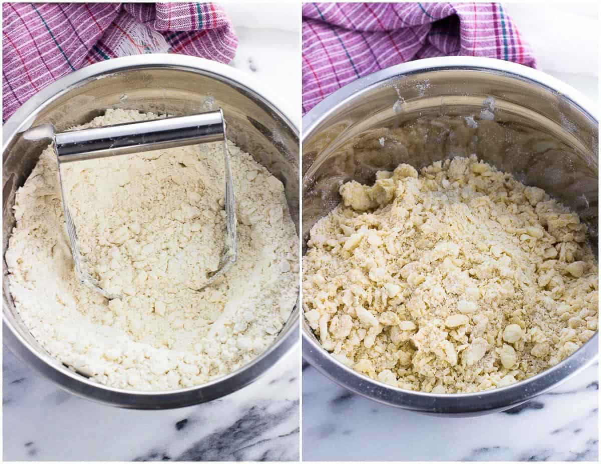 Side-by-side collage of butter cut into the flour (left) and after working in the egg (right).