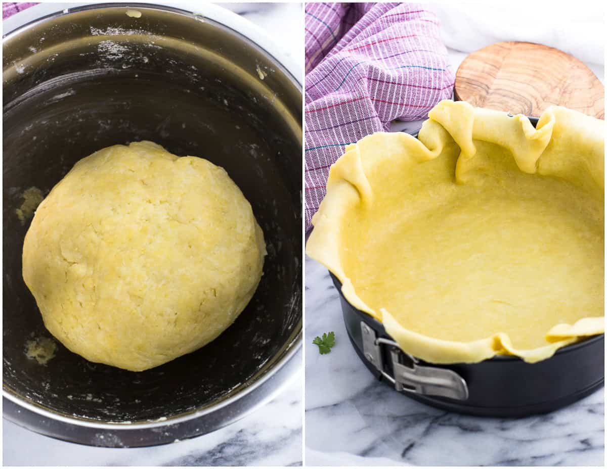 Side-by-side collage of the ball of dough in a bowl (left) and the bottom crust laid in the pan (right).