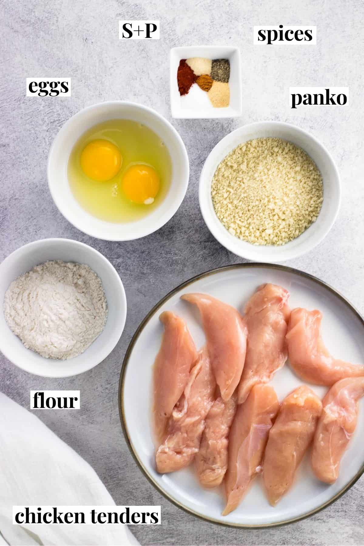 Labeled recipe ingredients for air fryer chicken tenders.