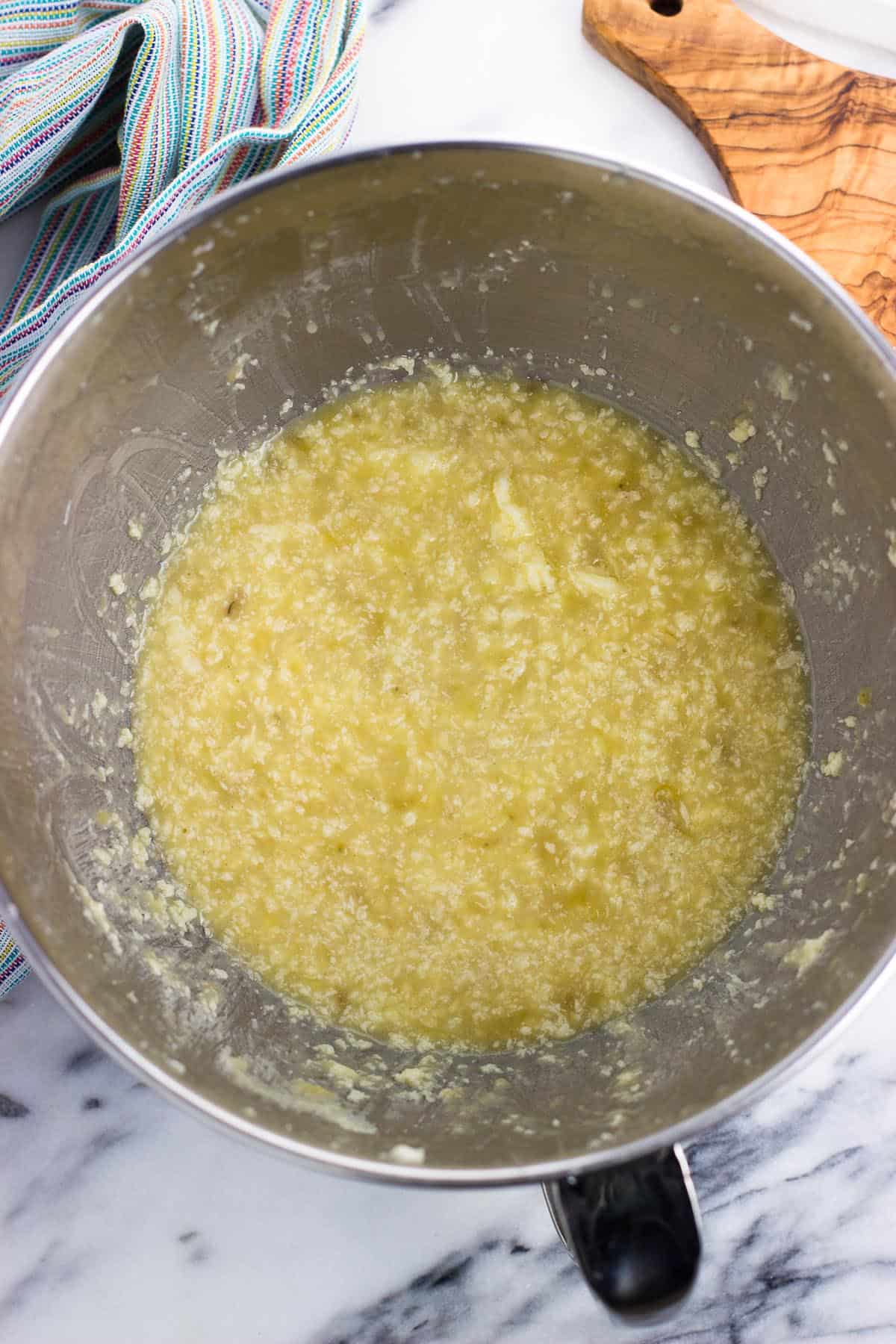 All of the wet ingredients mixed together in the bowl.