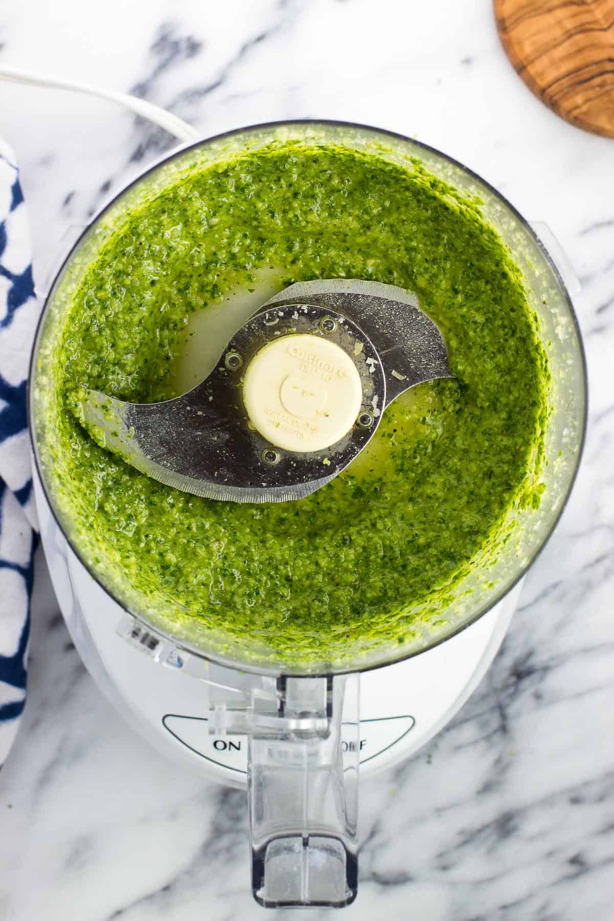 Fully blended pesto in the food processor.