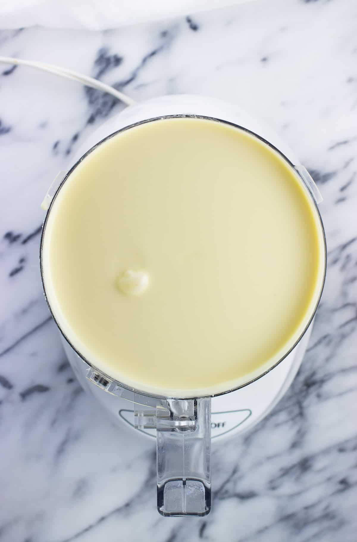 Smooth cheesecake mixture in the food processor.