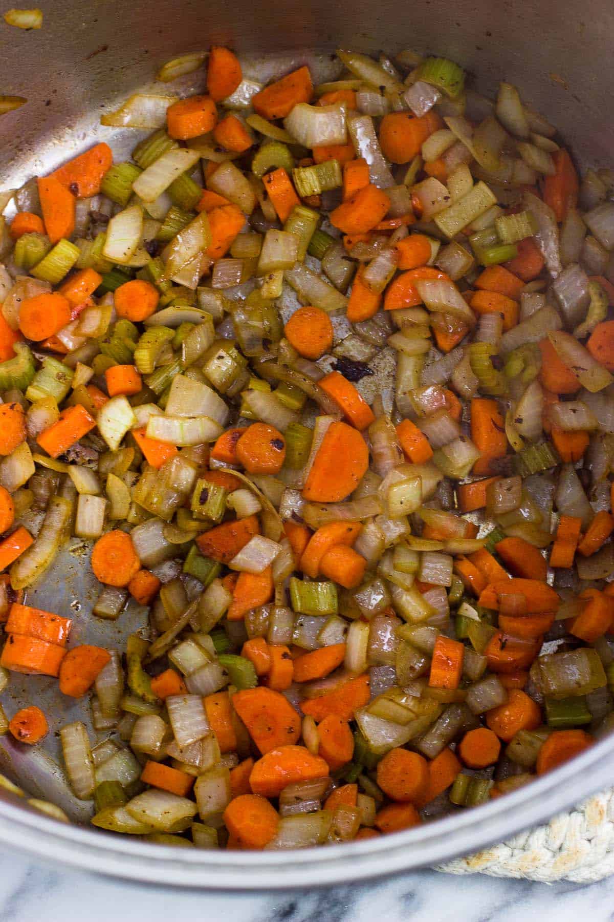 Sauteed onion, celery, and carrot in the soup pot.