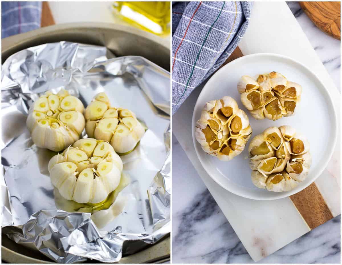 Raw whole garlic cloves on foil (left) and on a plate after roasting (right).