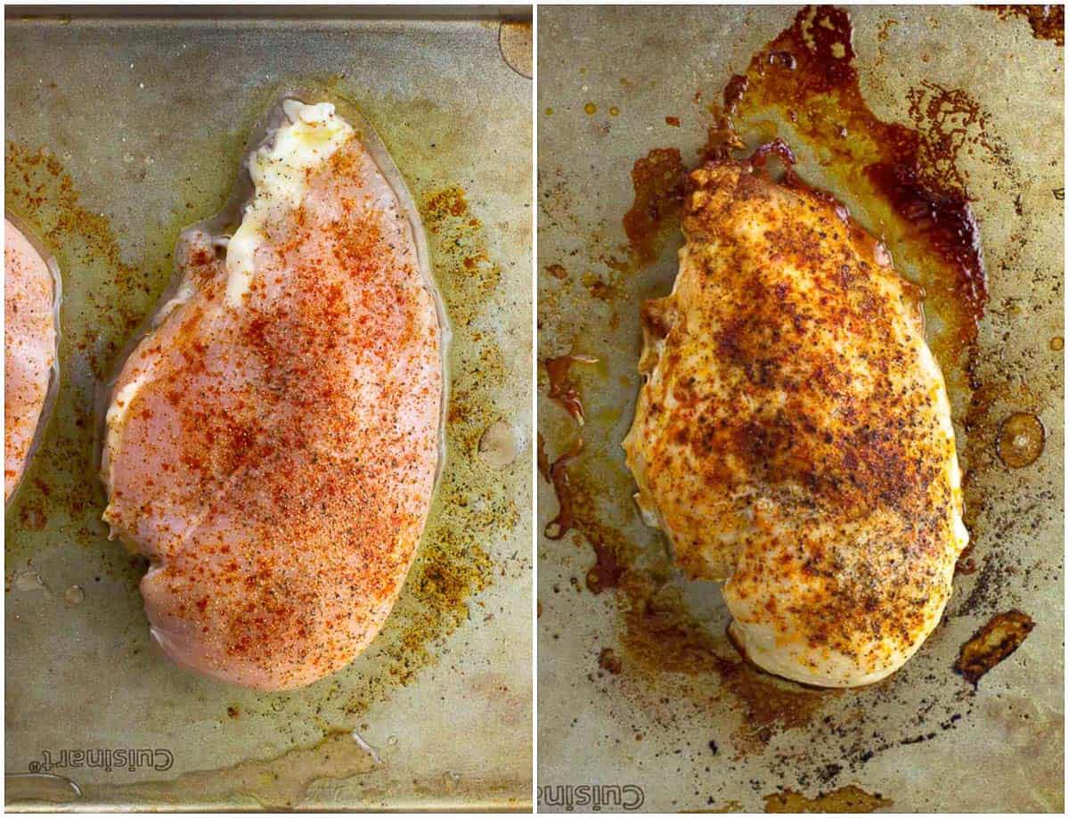 Seasoned chicken breast on a pan raw (left) and cooked (right).