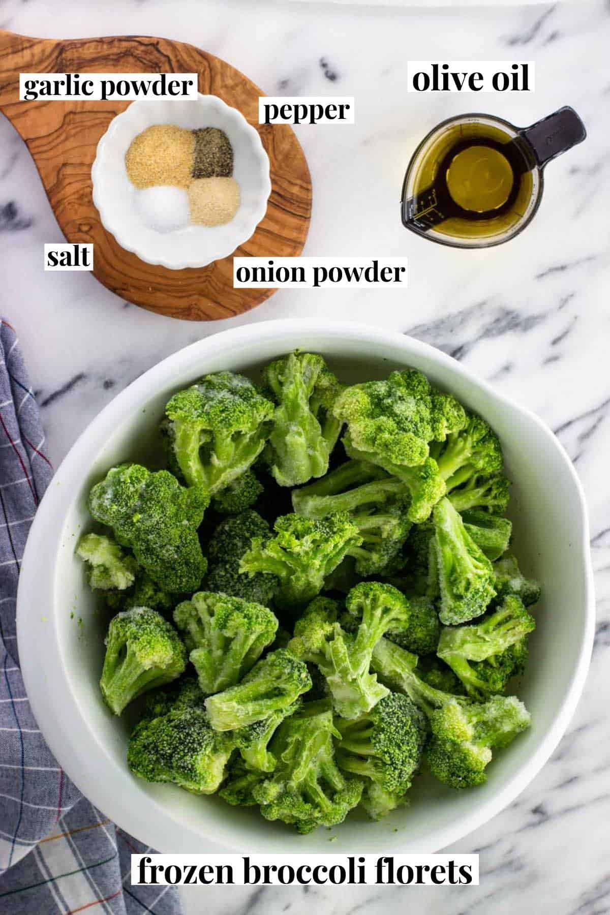 Labeled roasted frozen broccoli ingredients in separate bowls.
