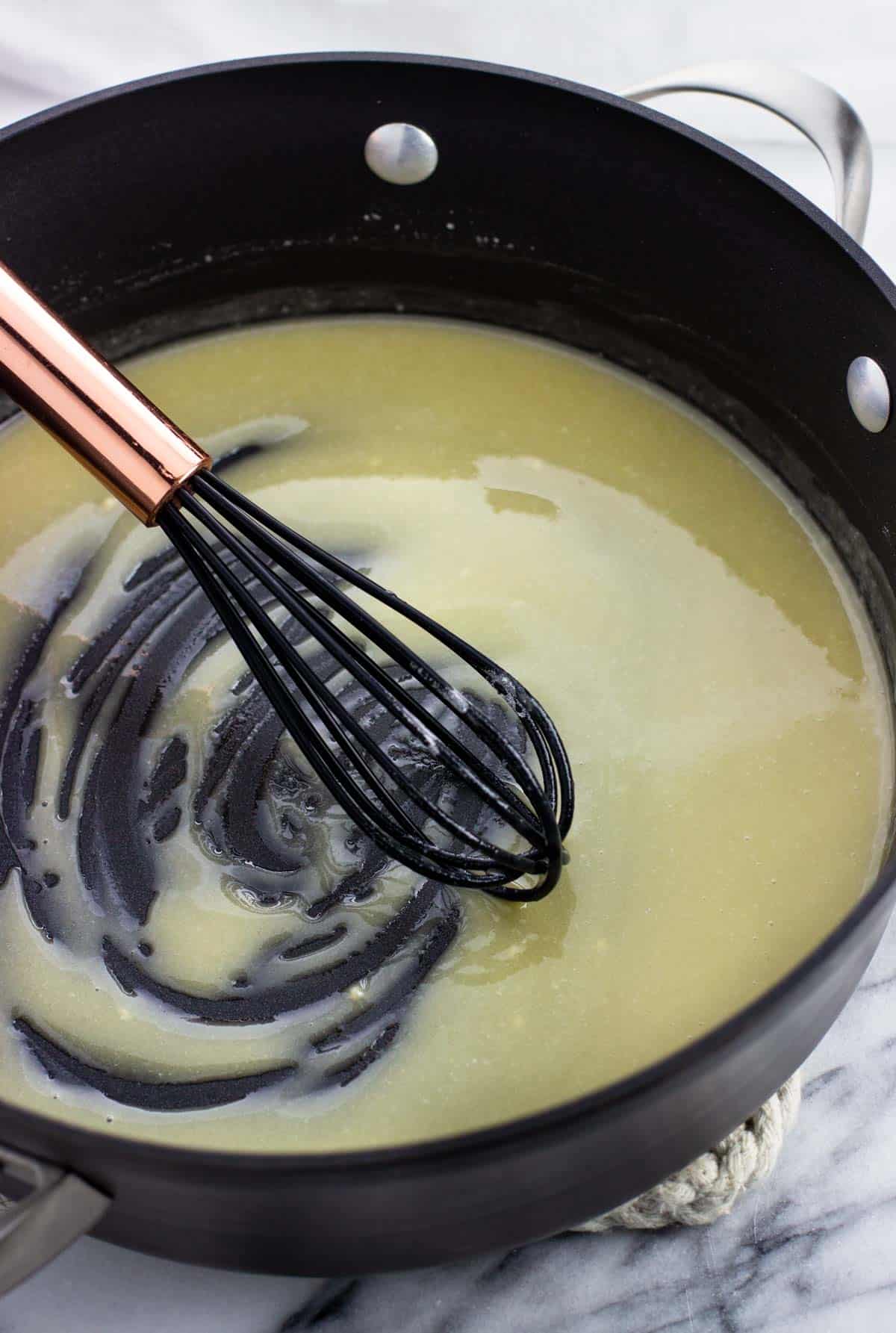 Flour and melted butter whisked together in a pan.