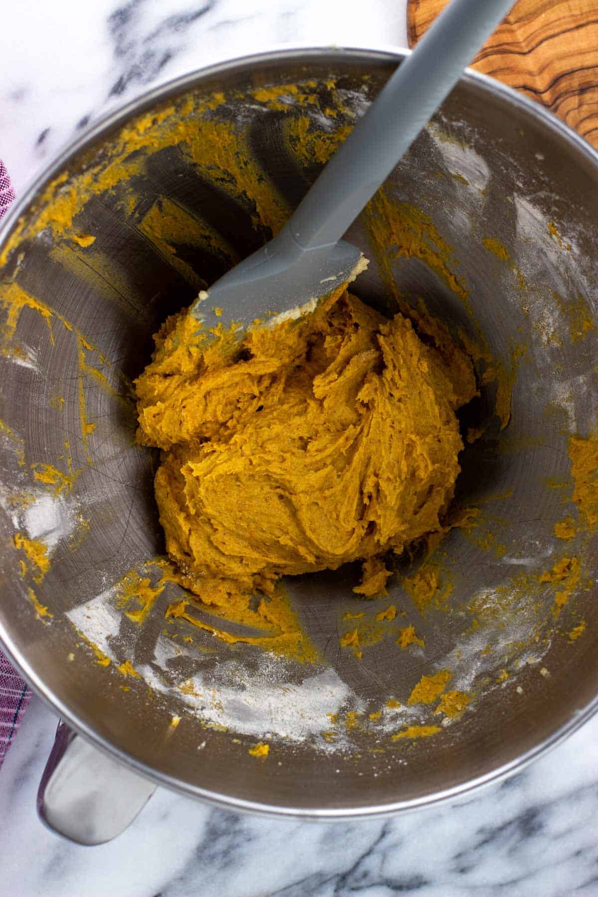 Pumpkin layer batter mixed together in a bowl.