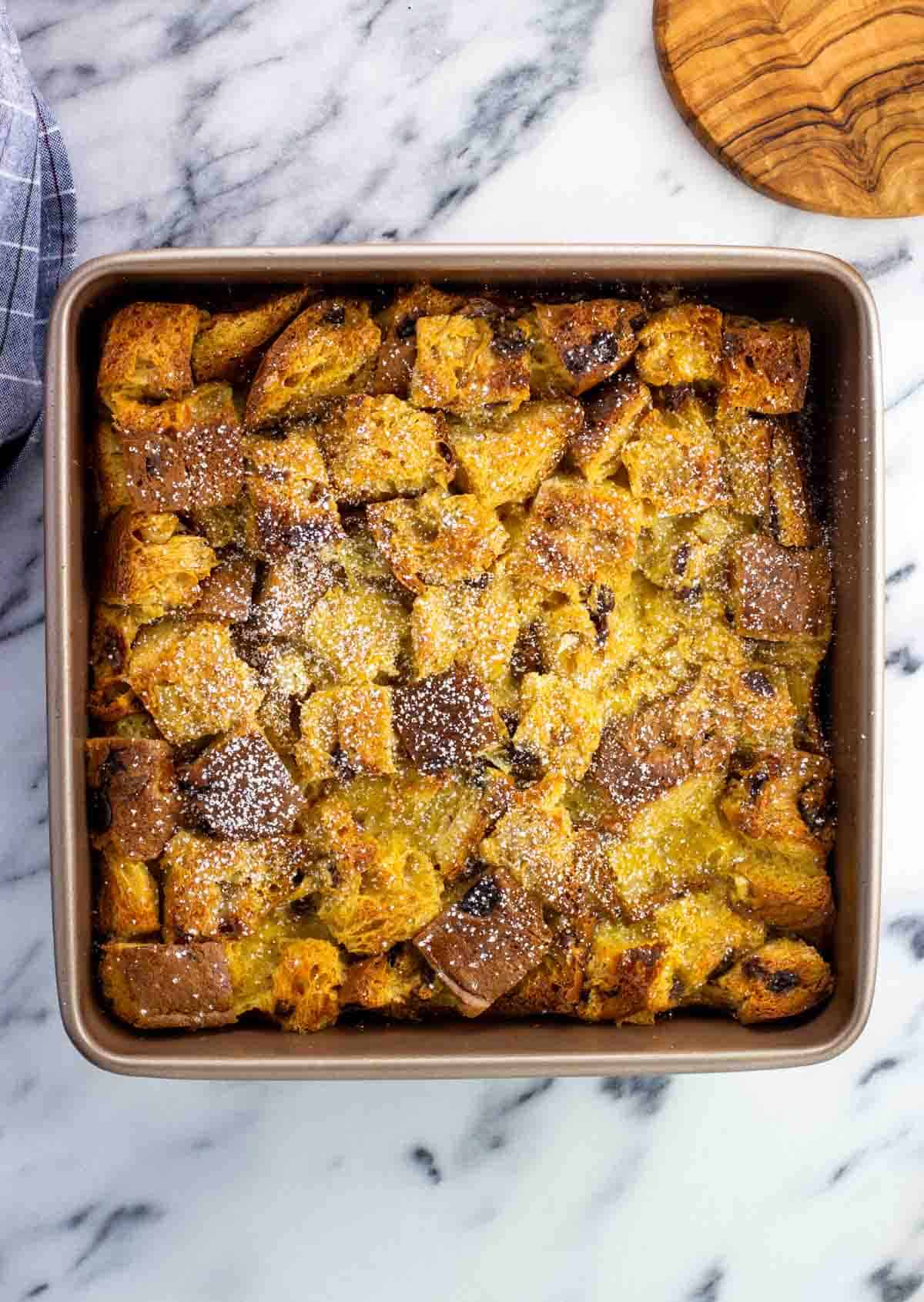 Baked french toast in a square pan.