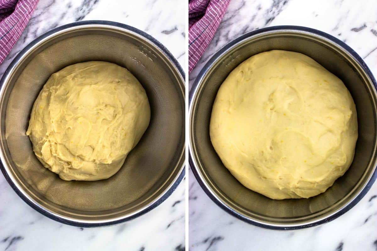The dough ball before the first rise (left) and after (right), doubled in size.