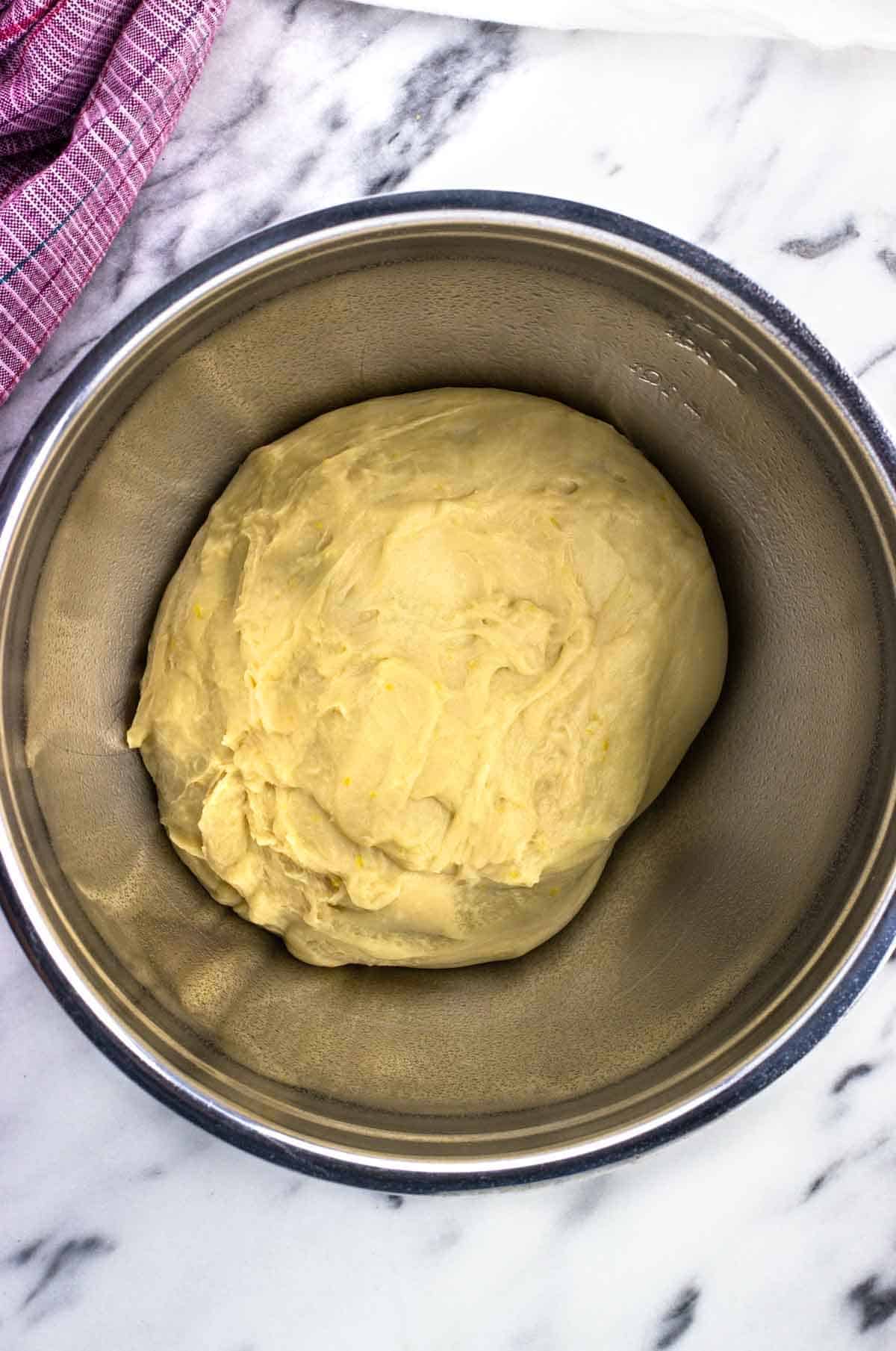 All of the flour added to form a ball of dough, pre-rise.
