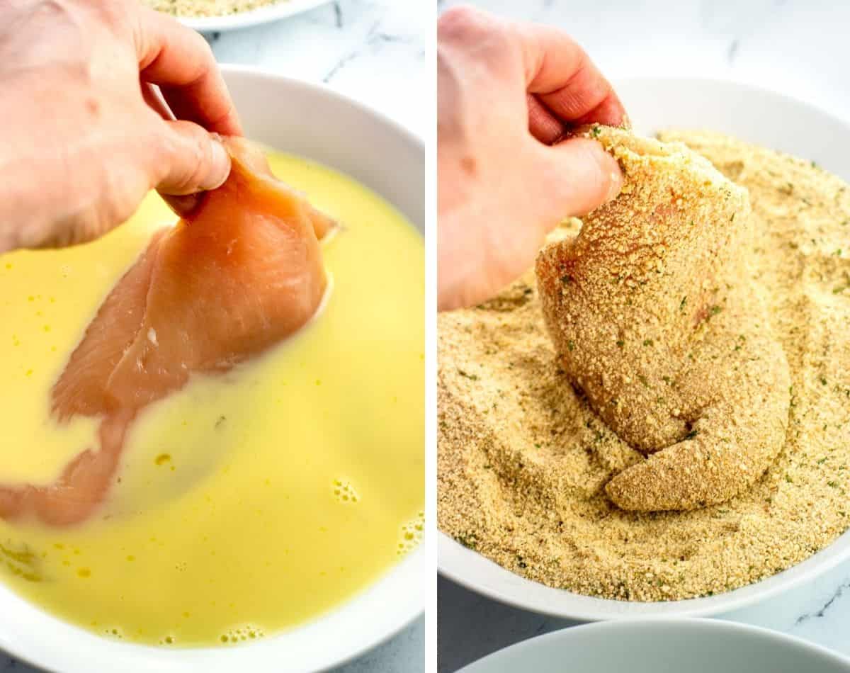 A hand dipping a chicken cutlet into egg (left) and then breadcrumbs (right).