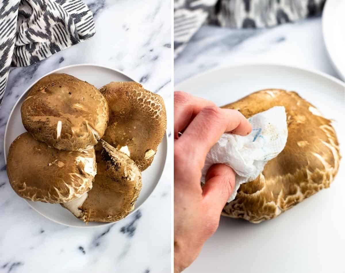 A plate of portobello mushrooms (left) and a hand wiping one with a paper towel.