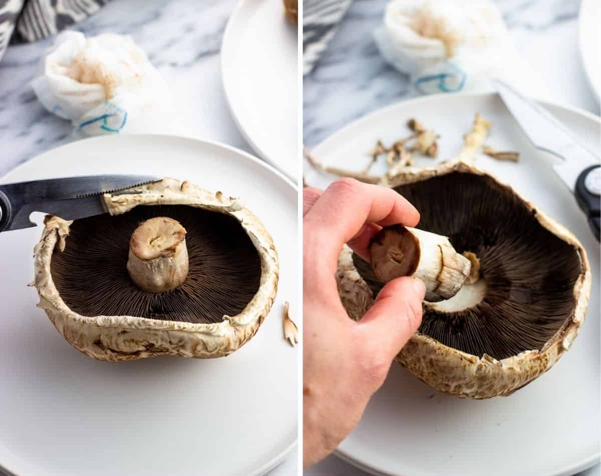 Trimming raggedy portobello edges (left) and pulling off the stem (right).