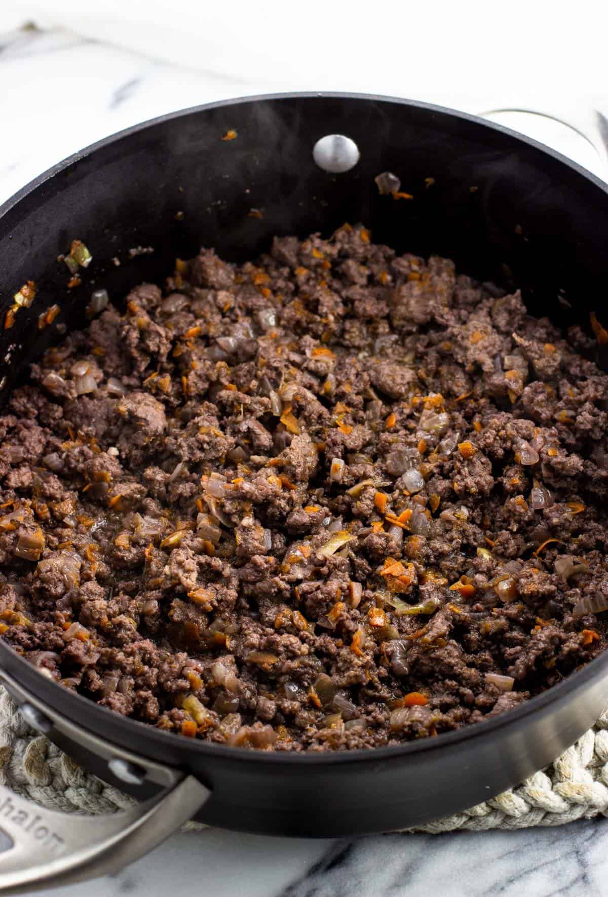 Wine deglazed in the pan with the beef and vegetables.