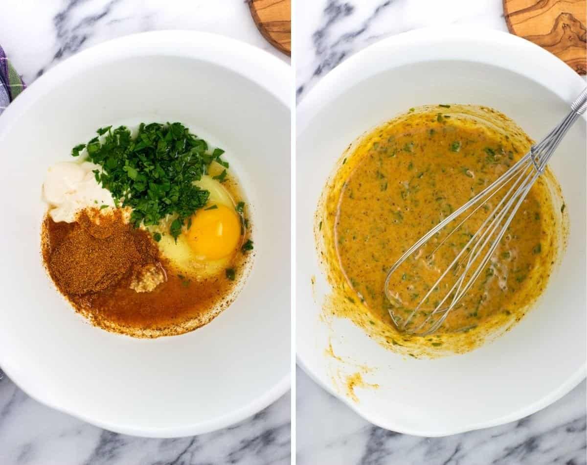 All ingredients (except the tuna, Parmesan, breadcrumbs) whisked together in a bowl.