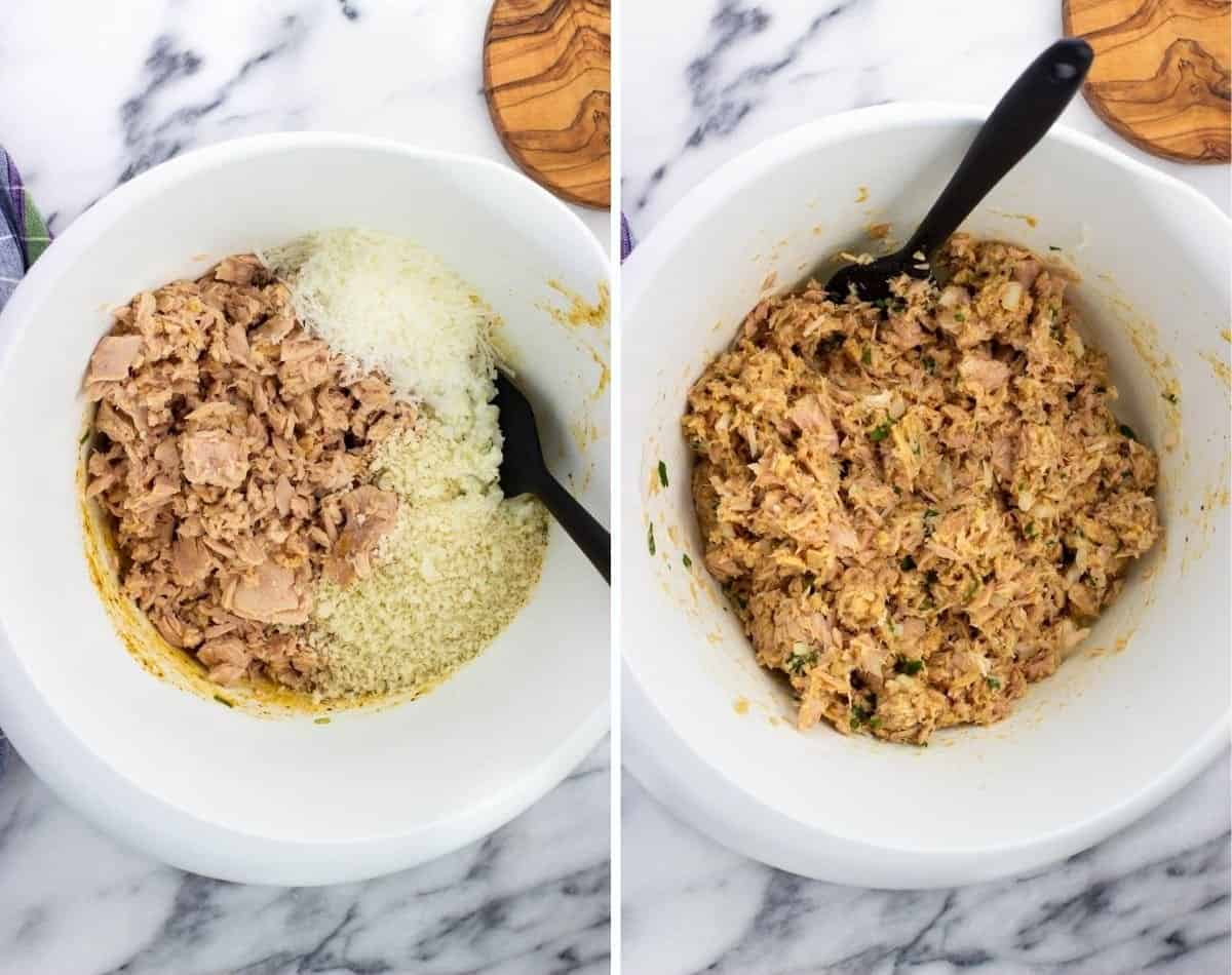 Tuna, Parmesan, and breadcrumbs stirred into the mixture.