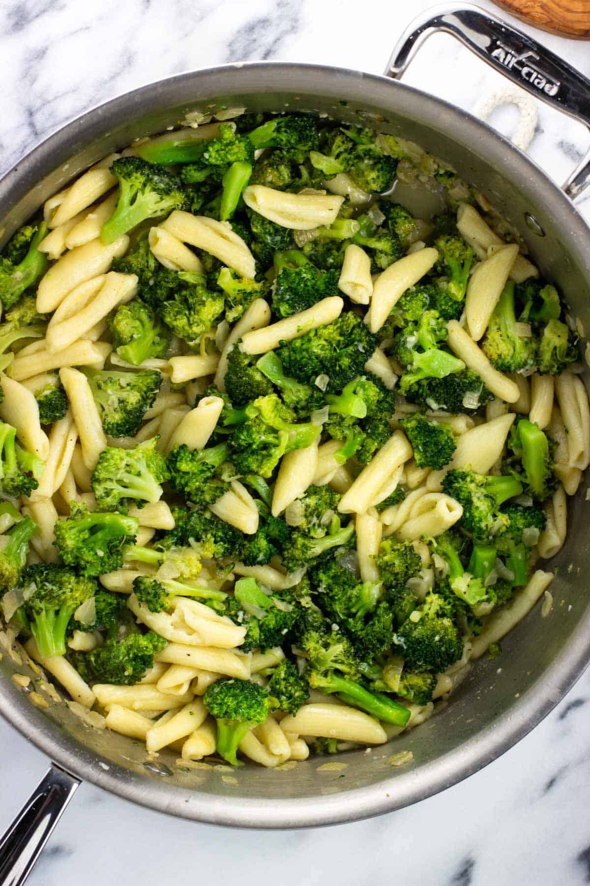 A pan full of cavatelli with broccoli before serving.