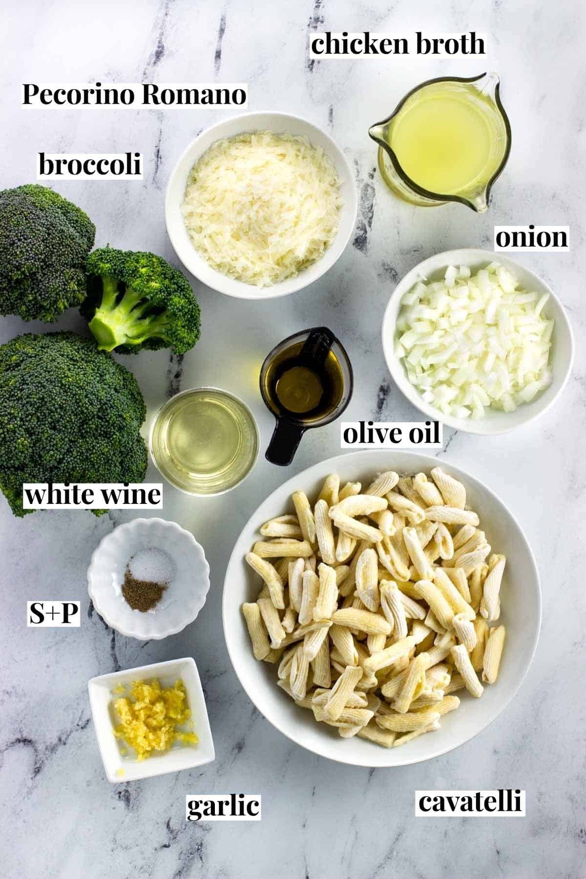 Labeled cavatelli and broccoli ingredients in separate containers.