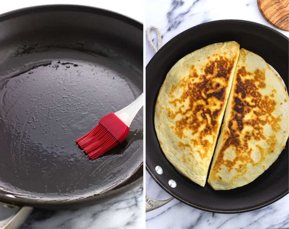 Oil brushed on a pan (left) and two quesadillas cooked in the pan (right).