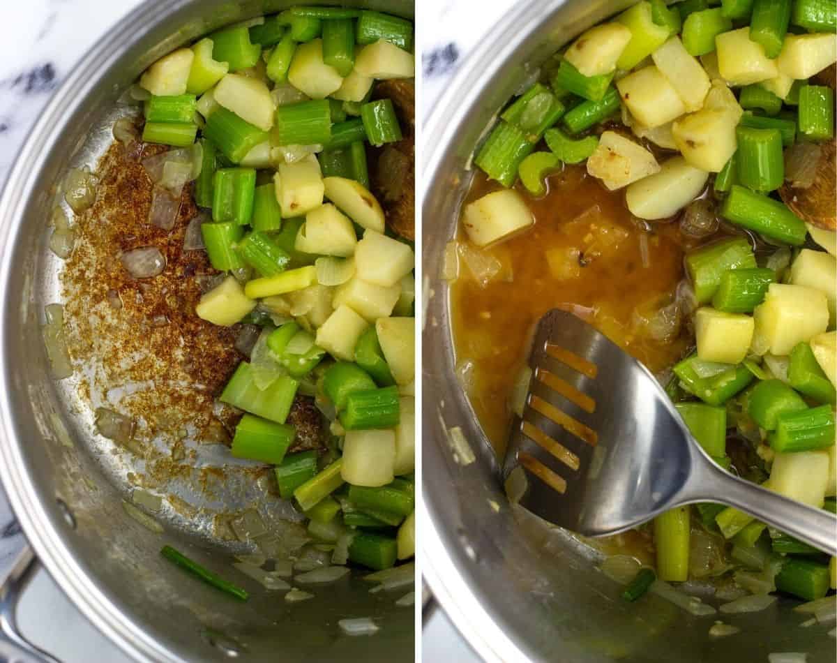 Burnt bits on the bottom of the pot (left) and a spatula scraping it up while deglazing (right).